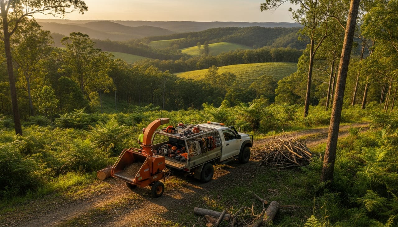 Cairns Arborist work truck and wood chipper on site in the Cairns
